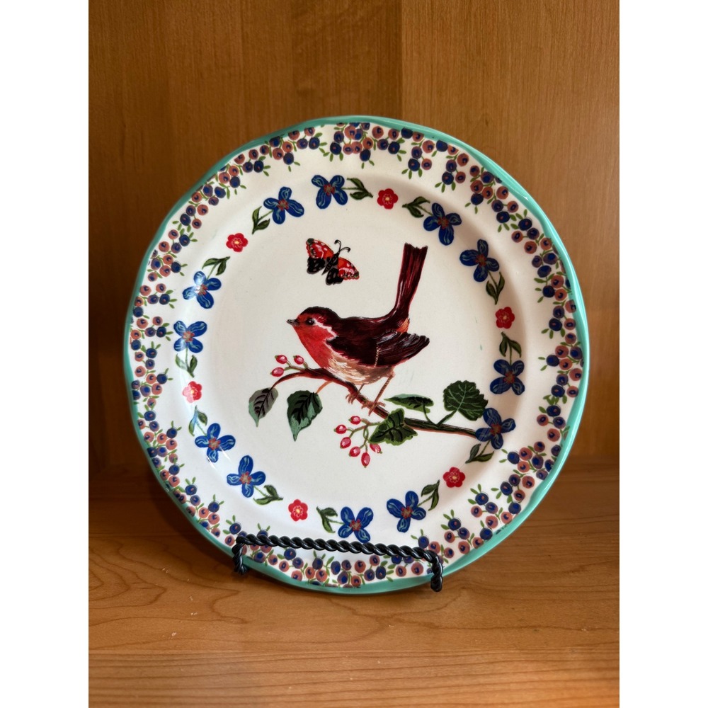 Anthropologie Nathalie Lete Bird Dessert Plate Teal Floral Stoneware 8.25 Inch